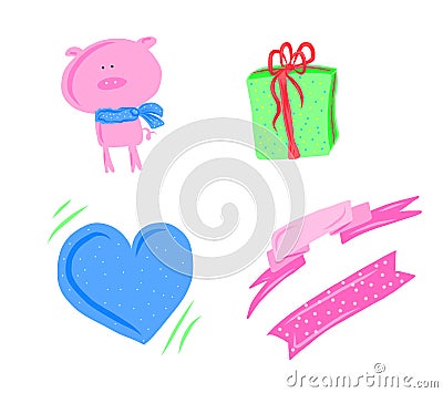 Pink pig, blue heart and gift with lines backgrounds - digital painting for Happy new year 2019 Stock Photo