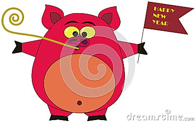 Pink pig with Chinese new year flag Cartoon Illustration