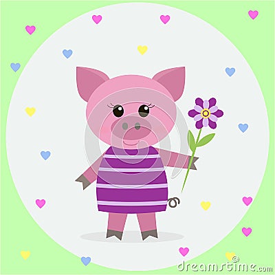 Pink pig in a dress and a flower. Vector Illustration