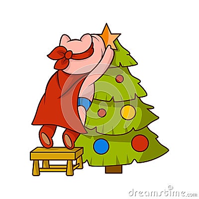 Pig dressed as superhero, standing on chair and decorating Christmas tree. Humanized animal. Cartoon vector design Vector Illustration