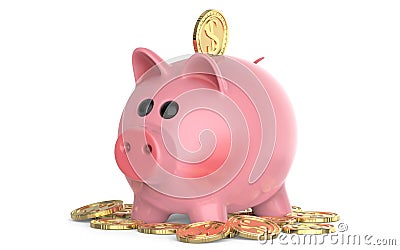 Pink pig piggy bank, with coin falling into slot, on pile of coins. 3d render, isolated on white background. Stock Photo