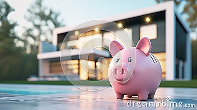 Pink piggy bank against the backdrop of an expensive villa. Real estate purchase and insurance concept Stock Photo