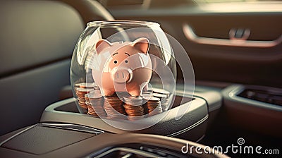 Pink piggy bank in the car interior. The concept of purchasing, credit, leasing or car insurance Stock Photo