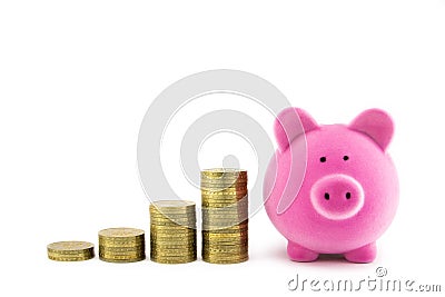 Pink piggy bank and coins Stock Photo