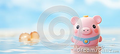 Pink piggy bank half submerged in blue water debt, bankruptcy, and financial loss concept Stock Photo