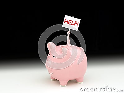 Pink piggy bank with man inside holding up HELP! sign Stock Photo