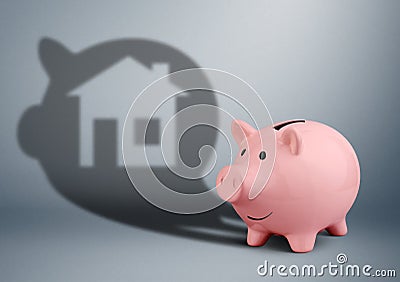 Pink piggy bank with shadow as home, savings for house finance c Stock Photo