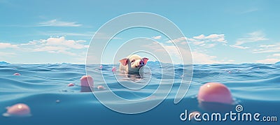 Pink piggy bank sinking in blue water debt, bankruptcy, and loss of money concept with blue sky Stock Photo