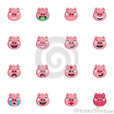 Pink piggy face emoji collection, flat icons set Vector Illustration