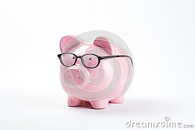 Pink Piggybank Or Savings Bank Wearing Glasses To Illustrate Pension Or Optician Opthalmologist Costs On White Background Stock Photo