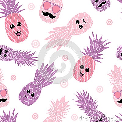 Pink pineapple family seamless repeat pattern Vector Illustration