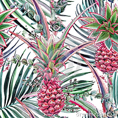 Pink pineapple, tropical plant watercolor seamless pattern Stock Photo