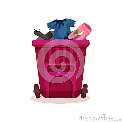 Pink plastic container with textile waste, dirty and ragged clothes. Garbage bin with two wheels. Flat vector design Vector Illustration