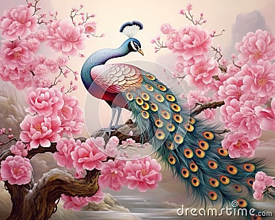 pink plum blossom is a beautiful peacock standing on a flower branch. Cartoon Illustration