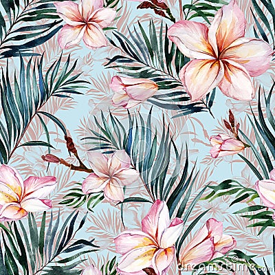 Pink plumeria flowers and exotic palm leaves in seamless tropical pattern. Blue background. Watercolor painting. Cartoon Illustration