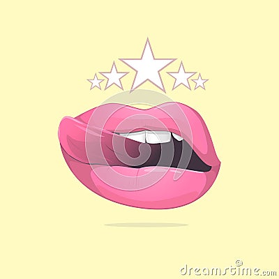 pink plump glamorous lips with tongue and stars Vector Illustration