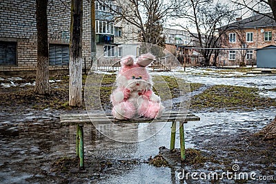 Pink plush rabbit sits on a bench in a poor residential area. Bad wheather. Deppresion. Sadness Stock Photo