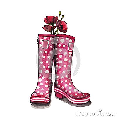 Pink Polkadot Wellington Boots Watercolor Cartoon Illustration