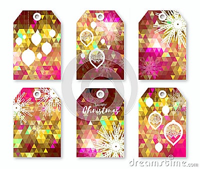 Pink polygonal Festive collection of Christmas labels with snowflakes. Vector Illustration