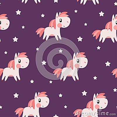 Pink pony and star pattern on purple background Vector Illustration