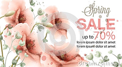 Pink poppy spring card Vector watercolor. Sale banner. Advertise poster. Invitation floral vintage compositions Vector Illustration