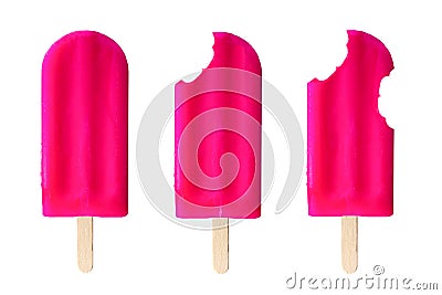 Pink popsicles with bites removed isolated on white Stock Photo