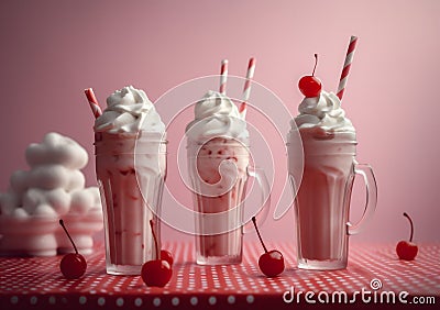 beverage sweet drink retro glass pink ice milkshake cocktail cream. Generative AI. Stock Photo