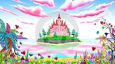 Pink princess castle fairytale landscape Stock Photo