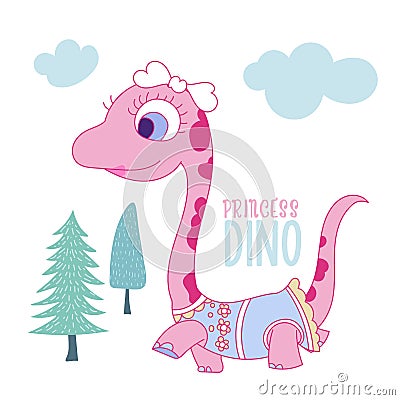 Pink princess dinosaur wearing dress Vector Illustration