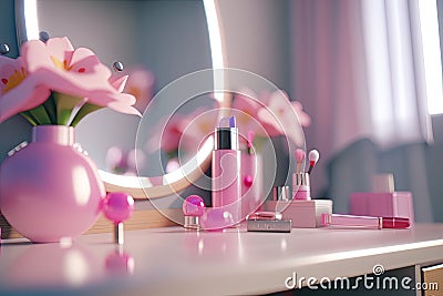 Pink princess style boudoir table. Details of the interior of the bedroom for girls and make-up. Generative Ai Stock Photo