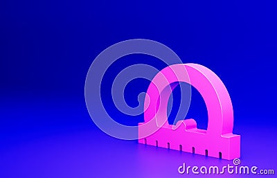 Pink Protractor grid for measuring degrees icon isolated on blue background. Tilt angle meter. Measuring tool. Geometric Cartoon Illustration
