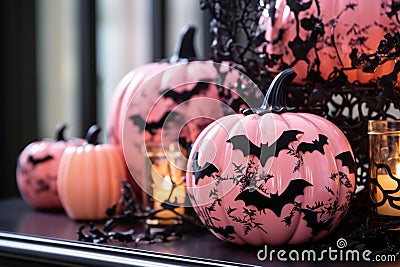 pink pumpkins black bats stylish halloween interior decoration, Generative AI Stock Photo