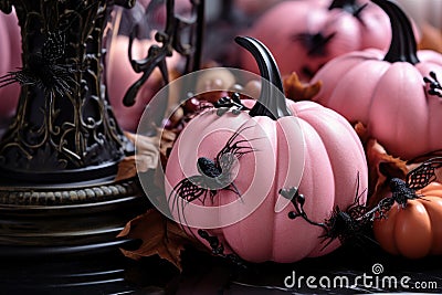 pink pumpkins black bats stylish halloween interior decoration, Generative AI Stock Photo