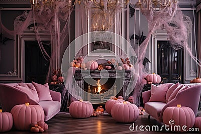 pink pumpkins black bats stylish halloween interior decoration, Generative AI Stock Photo