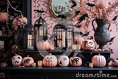 pink pumpkins black bats stylish halloween interior decoration, Generative AI Stock Photo