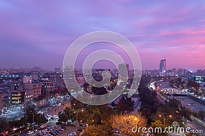 A pink sunset sets over Santiago Editorial Stock Photo