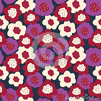 Pink purple blue white Seamless vector flowers repeating background. Scattered florals pattern. Flat simple doodle flowers. Vector Illustration