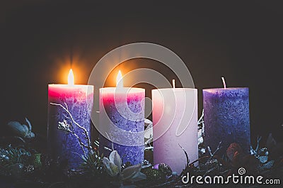 Advent decoration with two burning candles Stock Photo