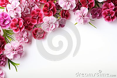 Pink and purple carnation flowers border on white background with copy space Stock Photo