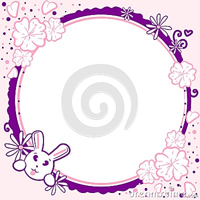 Pink and purple kawaii frame with a bunny and sakura flowers on a circular background. Cute template for baby showers Vector Illustration