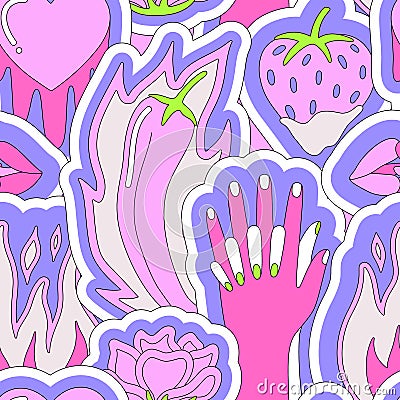 Pink and purple sensual seamless pattern of hands, flame, chili, melting heart, kiss, strawberry and rose. Vector Cartoon Illustration