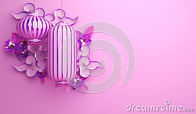 Pink and purple traditional Chinese lanterns lampion, paper cut cloud, sakura, branch, cherry blossom. Cartoon Illustration
