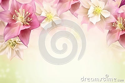 Pink quilegia flowers (common columbine) background with copy space. Floral web banner. Stock Photo