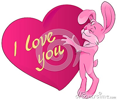 Pink rabbit embraces the heart. I love you Vector Illustration