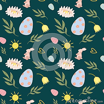 Pink rabbits with flowers, Easter pattern on color background. Digital illustration, hand drawn. Cartoon Illustration