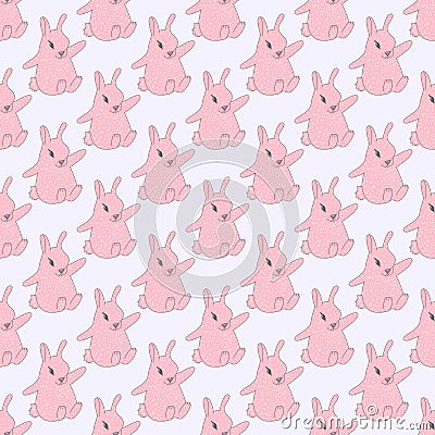 Pink rabbits sitting on a solid blue background. Vector Illustration