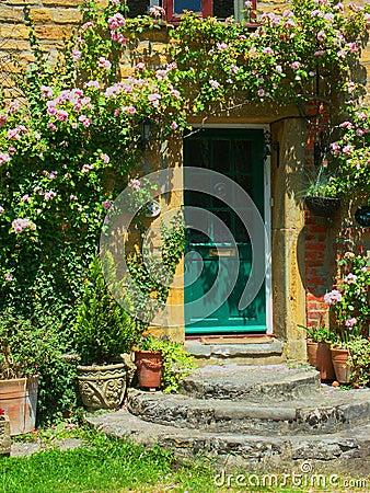 Pink rambling rose growing over green door of stone cottage Stock Photo