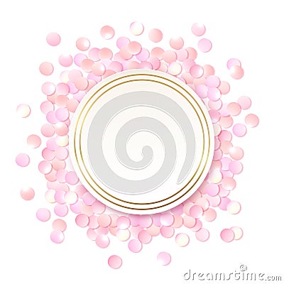 Pink realistic round confetti frame, design template for gift, certificate, voucher, AD brochure and so. Vector Illustration