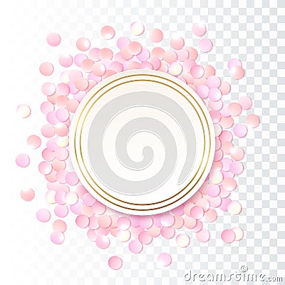 Pink realistic round confetti frame, design template for gift, certificate, voucher, AD brochure and so. Vector Illustration