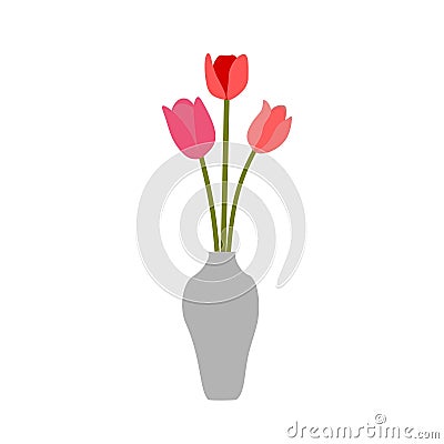 Pink Red Flowers Tulips Vase Isolated On White Background Vector Illustration